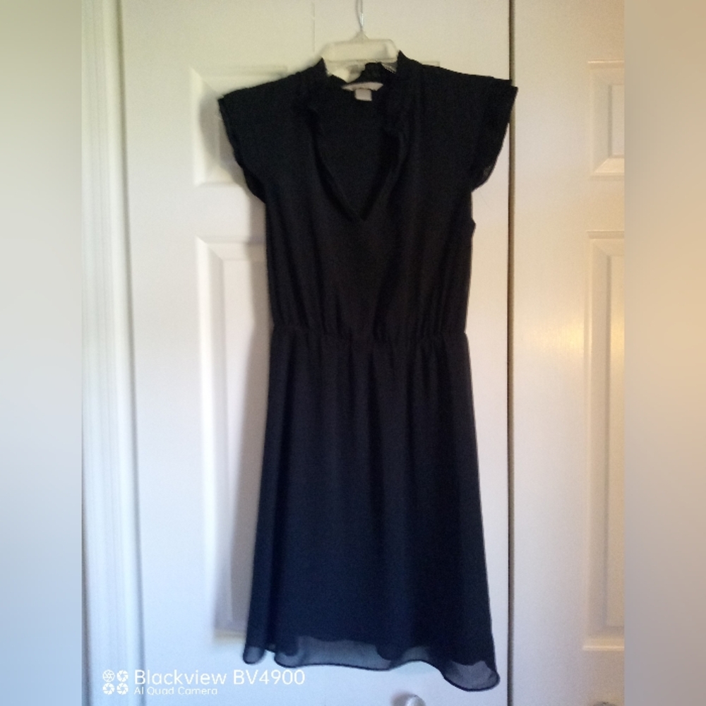 H&M Black Dress with ruffle collar and capped sleeves -Sz 2